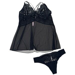 VICTORIA’S SECRET Black Lace Babydoll‎ Cami Dress Slip Panties Size M Semi Sheer